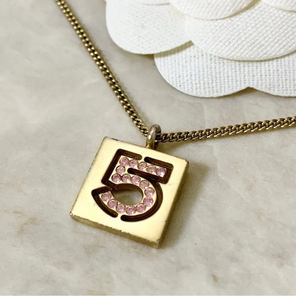 Chanel Authentic GUC Gold Number 5 Pendant Necklace with Pink Accents